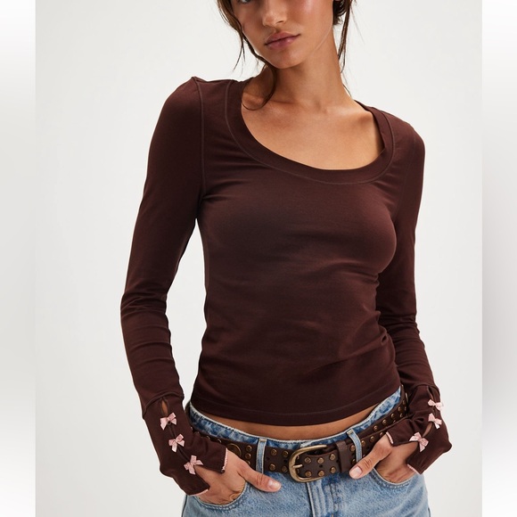 Free People Tops - NWT Free People Chocolate Brown Long Sleeve Top with Sleeve Bows (Size Small)